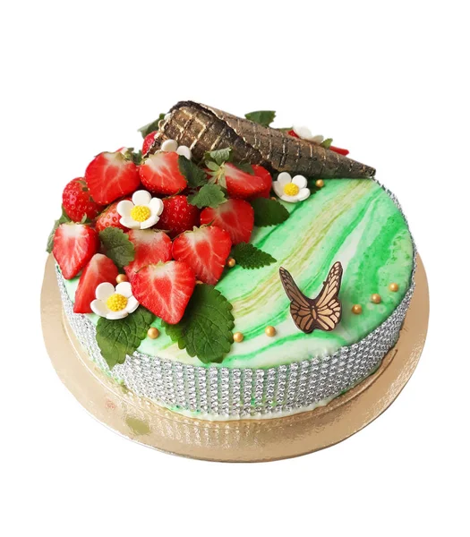 ワッフルとイチゴで飾られたグラスケーキ。 — ストック写真