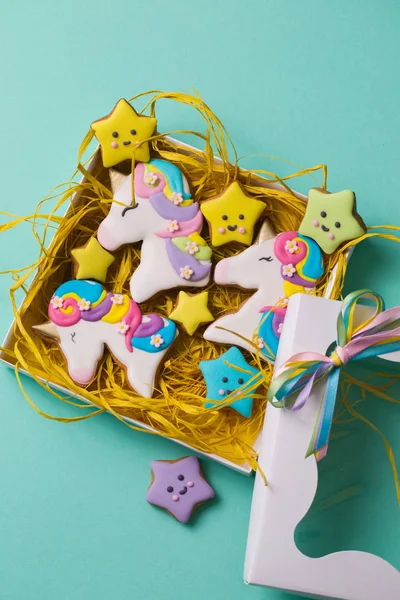 Unicorn shaped cookies in a gift box — Stock Photo, Image