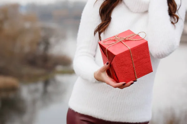 Holder en kasse med en gave - Stock-foto