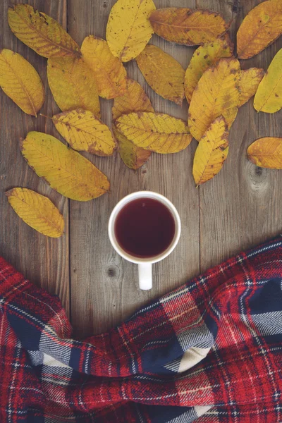 Flat lay view of autumn leaves and tartan textured scarf on wood — Φωτογραφία Αρχείου