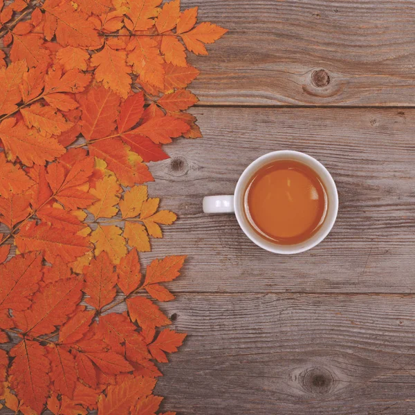 Perfect kopje thee op houten achtergrond met herfst bladeren - Fla — Stockfoto