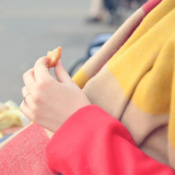 Woman hands holding cookie while sitting on park bench outdoors — Stock Photo, Image