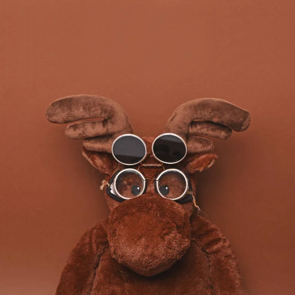 Funny pilot moose toy with vintage glasses against brown backgro — Stock Photo, Image