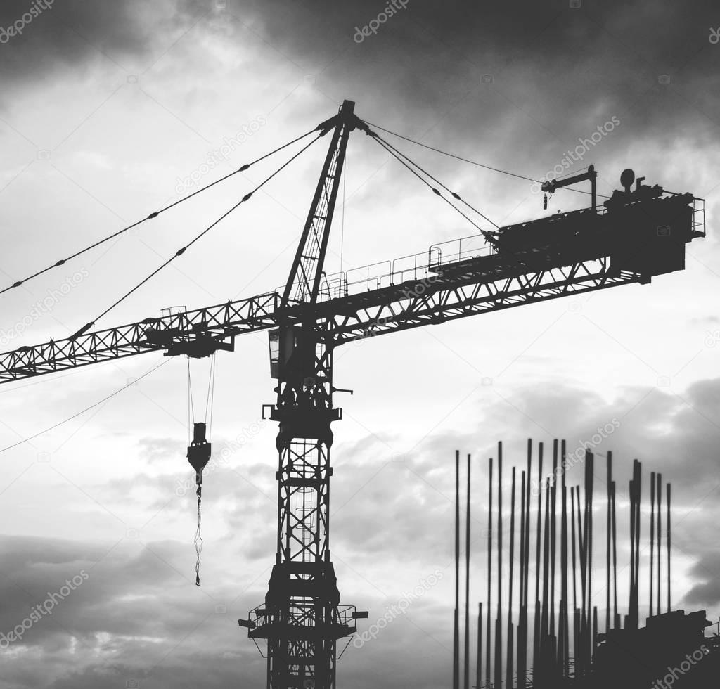 Crane silhouettes in black and white - Industrial sight concept