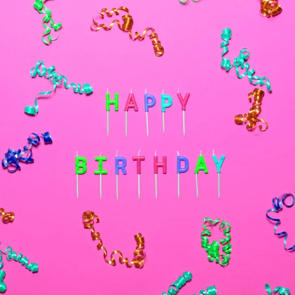 Happy Birthday flat lay party decorations on pink background — Stock Photo, Image