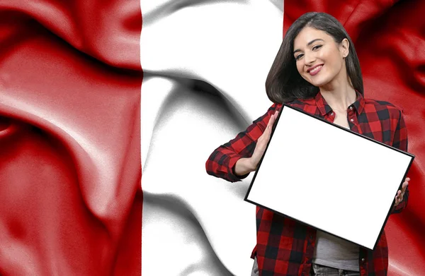 Woman Holding Blank Board National Flag Peru — Stock Photo, Image