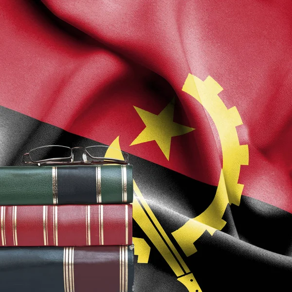 Conceito Educação Pilha Livros Óculos Leitura Contra Bandeira Nacional Angola — Fotografia de Stock