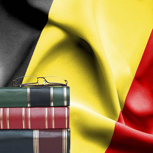 Concepto Educación Pila Libros Gafas Lectura Contra Bandera Nacional Bélgica — Foto de Stock