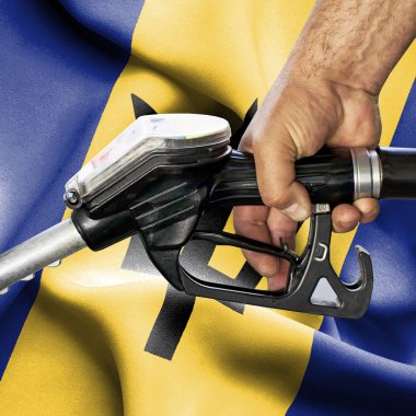 Benzin tüketimi kavramı - hortum karşı bayrak tutan el