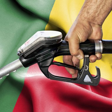 Benzin tüketimi kavramı - hortum karşı bayrak tutan el