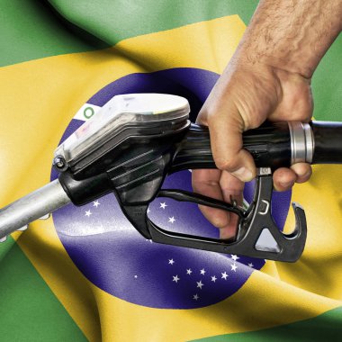 Benzin tüketimi kavramı - hortum karşı bayrak tutan el