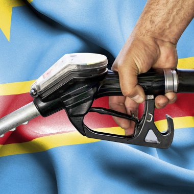 Benzin tüketimi kavramı - hortum karşı bayrak tutan el