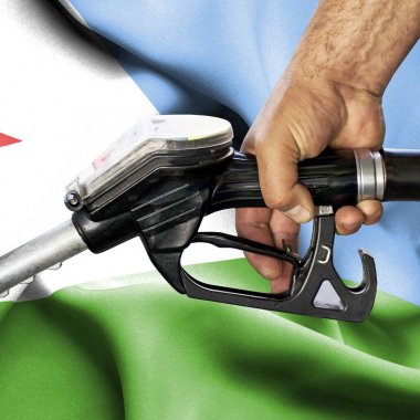 Benzin tüketimi kavramı - hortum karşı bayrak tutan el