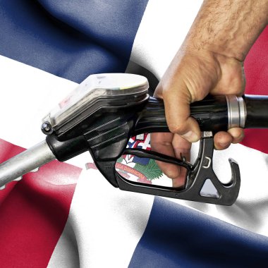 Benzin tüketimi kavramı - hortum karşı bayrak tutan el