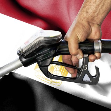 Benzin tüketimi kavramı - hortum karşı bayrak tutan el