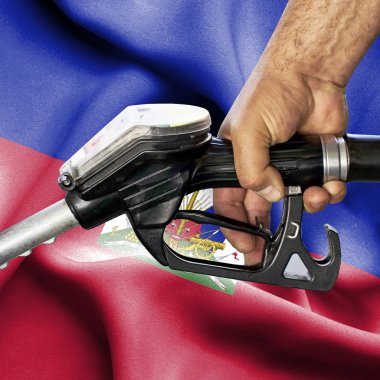 Benzin tüketimi kavramı - hortum karşı bayrak tutan el