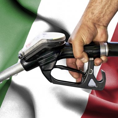 Benzin tüketimi kavramı - hortum karşı bayrak tutan el