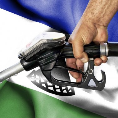 Benzin tüketimi kavramı - hortum karşı bayrak tutan el