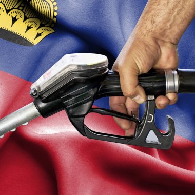 Benzin tüketimi kavramı - hortum karşı bayrak tutan el