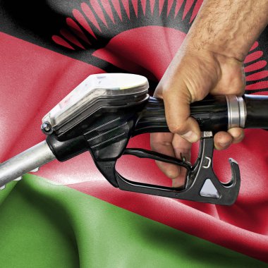 Benzin tüketimi kavramı - hortum karşı bayrak tutan el