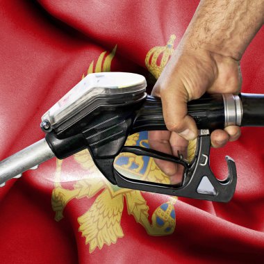 Benzin tüketimi kavramı - hortum karşı bayrak tutan el