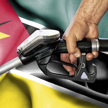 Benzin tüketimi kavramı - hortum karşı bayrak tutan el