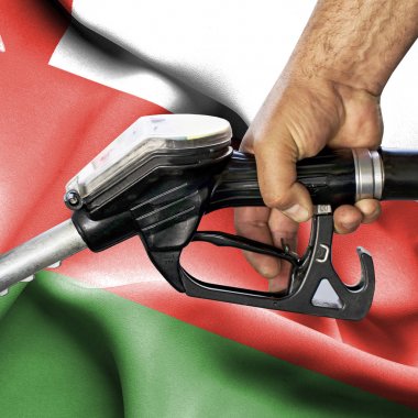 Benzin tüketimi kavramı - hortum karşı bayrak tutan el