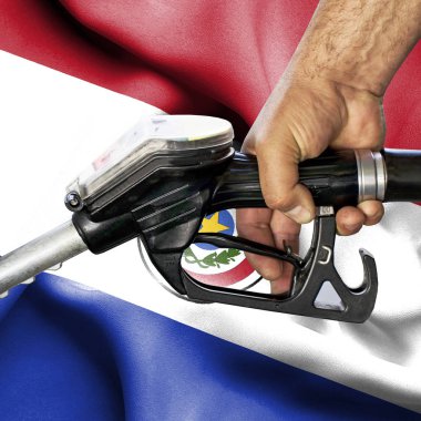 Benzin tüketimi kavramı - hortum karşı bayrak tutan el