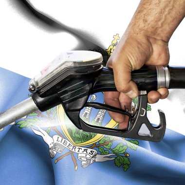 Benzin tüketimi kavramı - hortum karşı bayrak tutan el