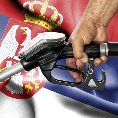 Benzin tüketimi kavramı - hortum karşı bayrak tutan el