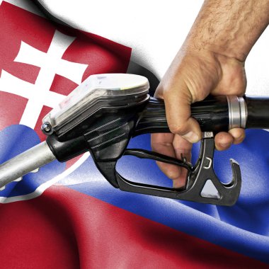 Benzin tüketimi kavramı - hortum karşı bayrak tutan el