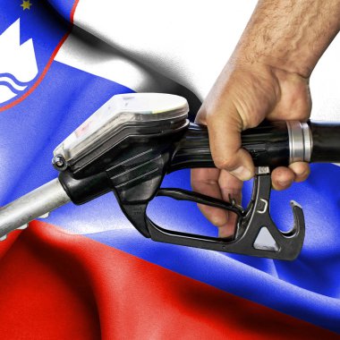 Benzin tüketimi kavramı - hortum karşı bayrak tutan el