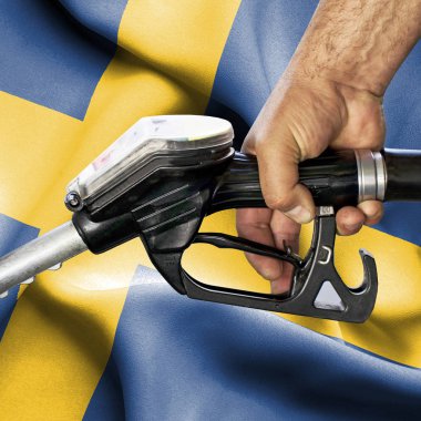 Benzin tüketimi kavramı - hortum karşı bayrak tutan el