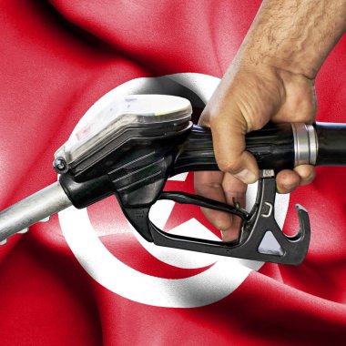 Benzin tüketimi kavramı - hortum karşı bayrak tutan el