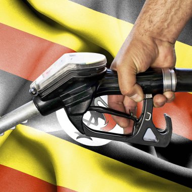 Benzin tüketimi kavramı - hortum karşı bayrak tutan el