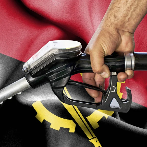 Gasoline consumption concept - Hand holding hose against flag of