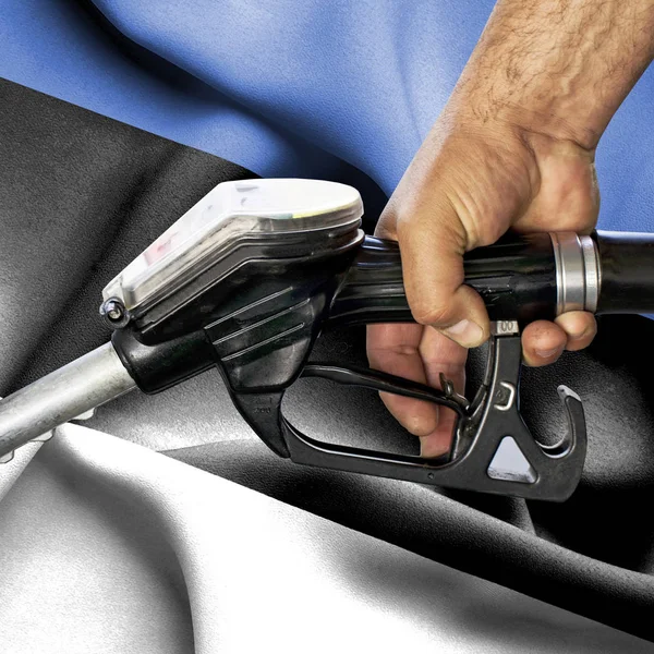 Conceito de consumo de gasolina - Mangueira de retenção de mão contra bandeira de — Fotografia de Stock