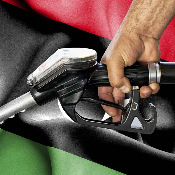 Gasoline consumption concept - Hand holding hose against flag of — Stock Photo, Image
