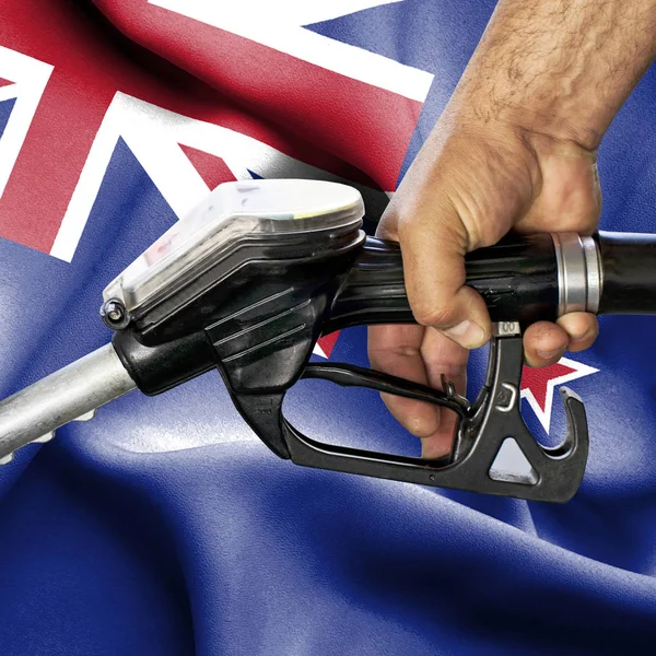 Gasoline consumption concept - Hand holding hose against flag of — Stock Photo, Image