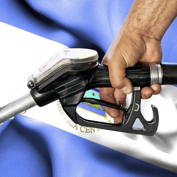 Gasoline consumption concept - Hand holding hose against flag of