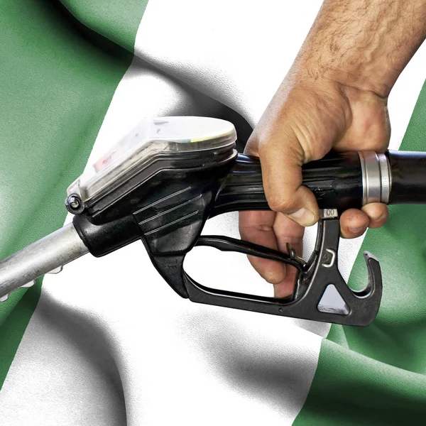 Benzín spotřeba koncept - ruka drží hadici proti vlajka — Stock fotografie