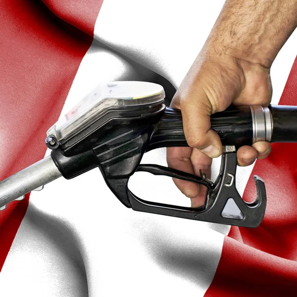 Concepto de consumo de gasolina - Manguera de mano contra bandera de — Foto de Stock