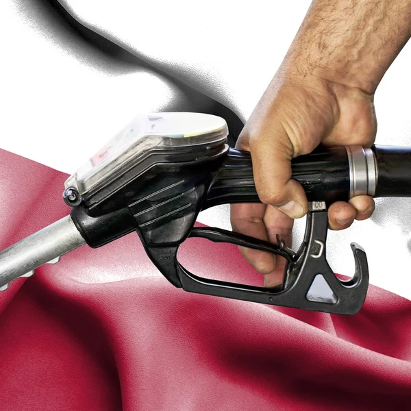 Benzin tüketimi kavramı - hortum karşı bayrak tutan el