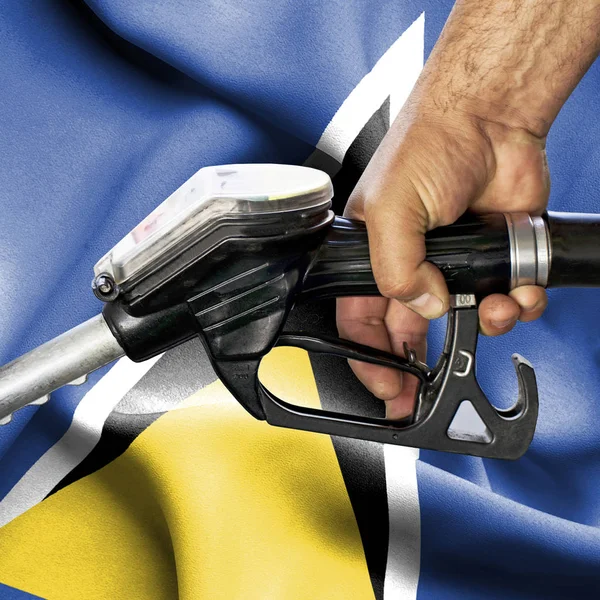 Benzin tüketimi kavramı - hortum karşı bayrak tutan el