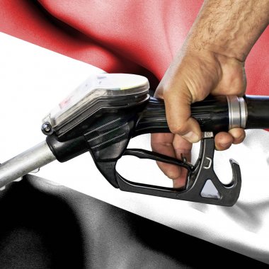 Benzin tüketimi kavramı - hortum karşı bayrak tutan el