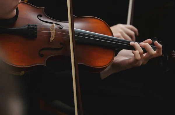 Close Violino Com Arco Nas Mãos — Fotografia de Stock