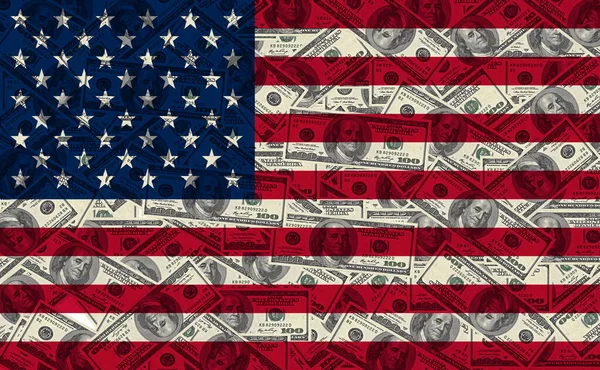 100 Dollar Biljetten Achtergrond Met Amerikaanse Vlag — Stockfoto