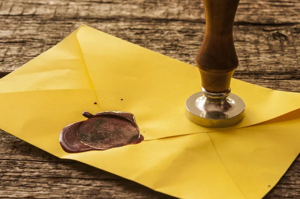 Old mail envelope with red wax seal stamps — Stock Photo, Image