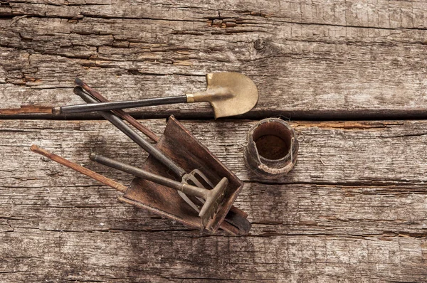 Натюрморт с ржавой лопатой на деревянном фоне — стоковое фото