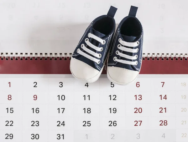 Little baby shoes with calendar — Stock Photo, Image